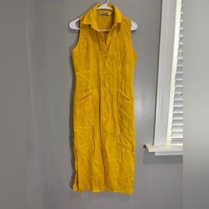 VTG NY Sake 4 100% Linen Dress Sleeveless Hidden Button Front Yellow Midi Dress
